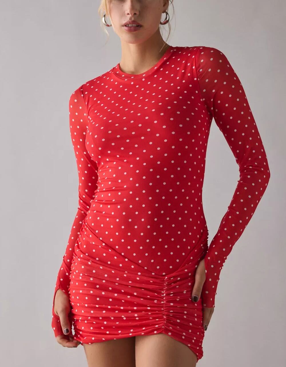 AFRM Mirza Ruched Mesh Mini Dress M Red Risky Micro Dot Long Sleeve Bodycon